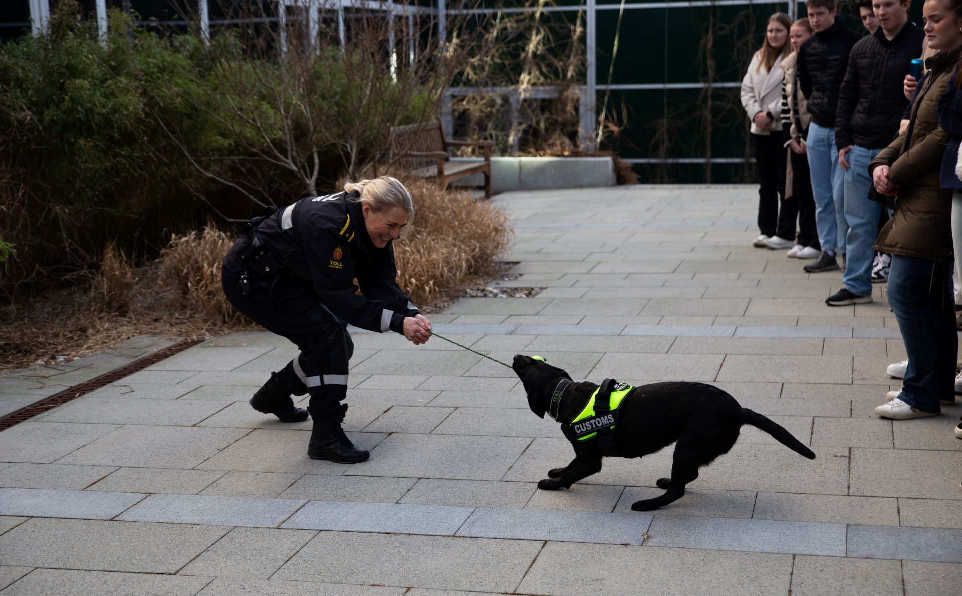 Hund og kvinne fra Tolletaten. Personer står i ring rundt. 