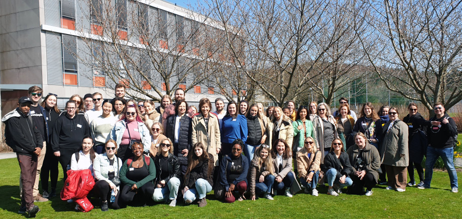 Large group of students outside.