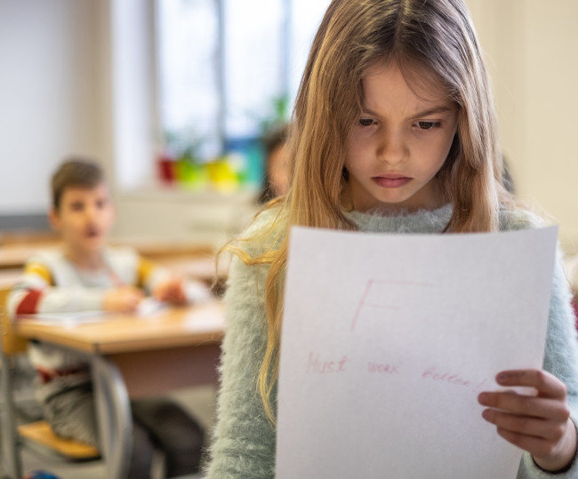 Jente står i forgrunnen i bildet og studerer et ark. I bakgrunnen er det et klasserom